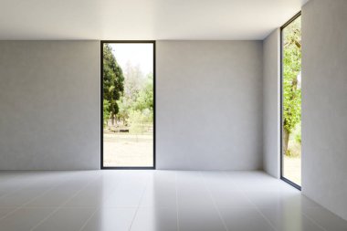 3D tasviri, büyük lüks, modern, parlak iç mekânlar sunuyor. Oturma odasındaki model bilgisayarlar dijital olarak oluşturuluyor.