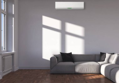 Büyük lüks, modern, aydınlık bir oturma odası. Klima modelleme çizimi 3D.