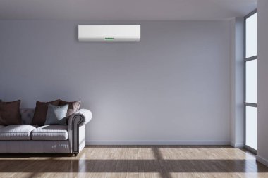 Büyük lüks, modern, aydınlık bir oturma odası. Klima modelleme çizimi 3D.