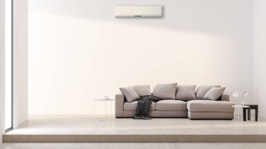 Büyük lüks, modern, aydınlık bir oturma odası. Klima modelleme çizimi 3D.