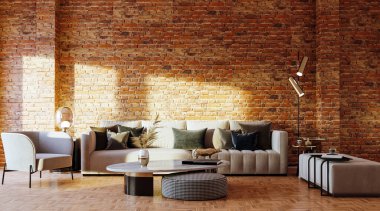 3D tasviri, büyük lüks, modern, parlak iç mekânlar sunuyor. Oturma odasındaki model bilgisayarlar dijital olarak oluşturuluyor.