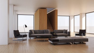 3D tasviri, büyük lüks, modern, parlak iç mekânlar sunuyor. Oturma odasındaki model bilgisayarlar dijital olarak oluşturuluyor.