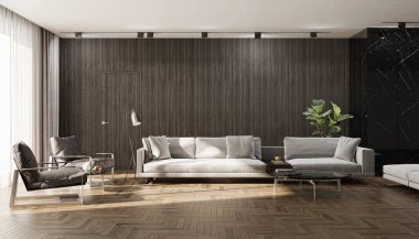 3D tasviri, büyük lüks, modern, parlak iç mekânlar sunuyor. Oturma odasındaki model bilgisayarlar dijital olarak oluşturuluyor.