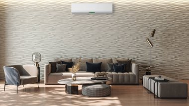 Büyük lüks, modern, aydınlık bir oturma odası. Klima modelleme çizimi 3D.