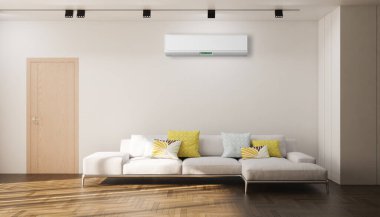 Büyük lüks, modern, aydınlık bir oturma odası. Klima modelleme çizimi 3D.