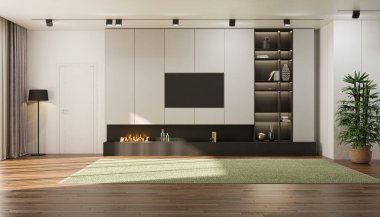 3D tasviri, büyük lüks, modern, parlak iç mekânlar sunuyor. Oturma odasındaki model bilgisayarlar dijital olarak oluşturuluyor.