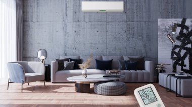 Büyük lüks, modern, aydınlık bir oturma odası. Klima modelleme çizimi 3D.