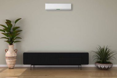 Büyük lüks, modern, aydınlık bir oturma odası. Klima modelleme çizimi 3D.