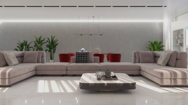 3D tasviri, büyük lüks, modern, parlak iç mekânlar sunuyor. Oturma odasındaki model bilgisayarlar dijital olarak oluşturuluyor.