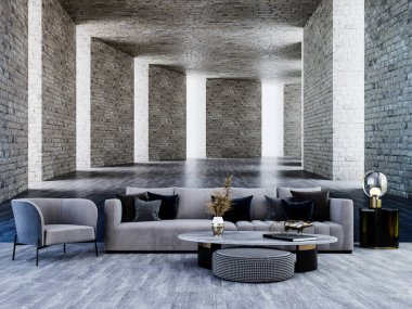 3D tasviri, büyük lüks, modern, parlak iç mekânlar sunuyor. Oturma odasındaki model bilgisayarlar dijital olarak oluşturuluyor.