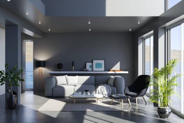 3D tasviri, büyük lüks, modern, parlak iç mekânlar sunuyor. Oturma odasındaki model bilgisayarlar dijital olarak oluşturuluyor.