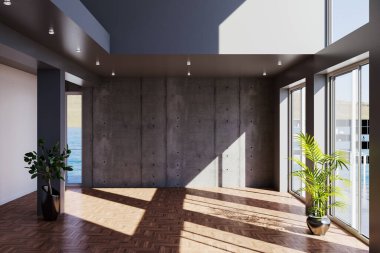 3D tasviri, büyük lüks, modern, parlak iç mekânlar sunuyor. Oturma odasındaki model bilgisayarlar dijital olarak oluşturuluyor.