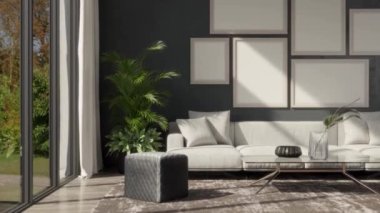 3D video görüntüsü, oturma odasının çağdaş iç tasarımı. Oturma odasının içi çok şık.