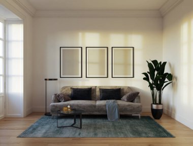 3D tasviri, büyük lüks, modern, parlak iç mekânlar sunuyor. Oturma odasındaki model bilgisayarlar dijital olarak oluşturuluyor.