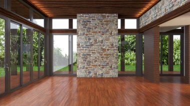 3D tasviri, büyük lüks, modern, parlak iç mekânlar sunuyor. Oturma odasındaki model bilgisayarlar dijital olarak oluşturuluyor.