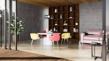 3D tasviri, büyük lüks, modern, parlak iç mekânlar sunuyor. Oturma odasındaki model bilgisayarlar dijital olarak oluşturuluyor.