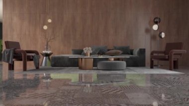 3d video rendering footage contemporary interior design of the living room. Stylish interior of the living room
