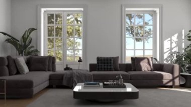 3D video görüntüsü, oturma odasının çağdaş iç tasarımı. Oturma odasının içi çok şık.