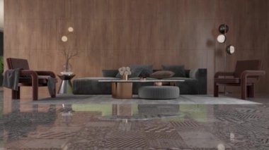 3d video rendering footage contemporary interior design of the living room. Stylish interior of the living room