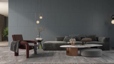 3d video rendering footage contemporary interior design of the living room. Stylish interior of the living room