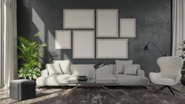 3D video görüntüsü, oturma odasının çağdaş iç tasarımı. Oturma odasının içi çok şık.