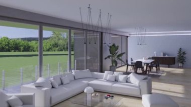 3d video rendering footage contemporary interior design of the living room. Stylish interior of the living room
