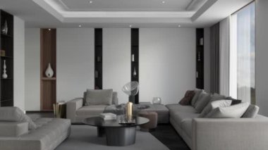 3D video görüntüsü, oturma odasının çağdaş iç tasarımı. Oturma odasının içi çok şık.