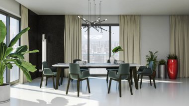 3D tasviri, büyük lüks, modern, parlak iç mekânlar sunuyor. Oturma odasındaki model bilgisayarlar dijital olarak oluşturuluyor.