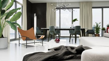 3D tasviri, büyük lüks, modern, parlak iç mekânlar sunuyor. Oturma odasındaki model bilgisayarlar dijital olarak oluşturuluyor.