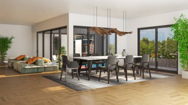 3D tasviri, büyük lüks, modern, parlak iç mekânlar sunuyor. Oturma odasındaki model bilgisayarlar dijital olarak oluşturuluyor.