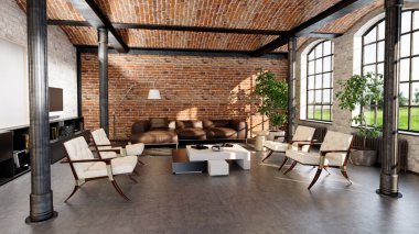 3D tasviri, büyük lüks, modern, parlak iç mekânlar sunuyor. Oturma odasındaki model bilgisayarlar dijital olarak oluşturuluyor.