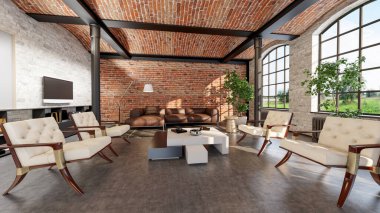 3D tasviri, büyük lüks, modern, parlak iç mekânlar sunuyor. Oturma odasındaki model bilgisayarlar dijital olarak oluşturuluyor.