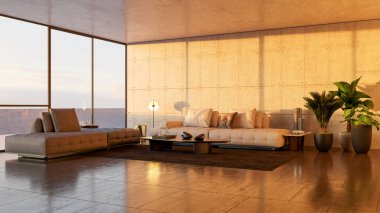 3D tasviri, büyük lüks, modern, parlak iç mekânlar sunuyor. Oturma odasındaki model bilgisayarlar dijital olarak oluşturuluyor.