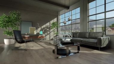 3d video rendering footage contemporary interior design of the living room. Stylish interior of the living room