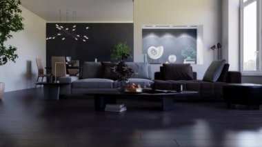 3d video rendering footage contemporary interior design of the living room. Stylish interior of the living room
