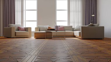 3D tasviri, büyük lüks, modern, parlak iç mekânlar sunuyor. Oturma odasındaki model bilgisayarlar dijital olarak oluşturuluyor.