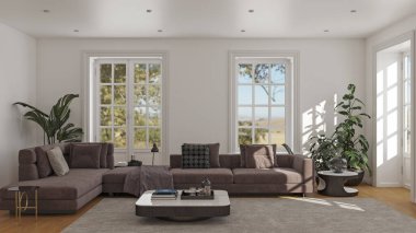 3D tasviri, büyük lüks, modern, parlak iç mekânlar sunuyor. Oturma odasındaki model bilgisayarlar dijital olarak oluşturuluyor.