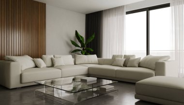 3D tasviri, büyük lüks, modern, parlak iç mekânlar sunuyor. Oturma odasındaki model bilgisayarlar dijital olarak oluşturuluyor.