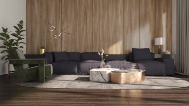 3D görüntüler büyük lüks modern parlak iç mekan oturma odasının dijital olarak oluşturulmuş görüntüsü.