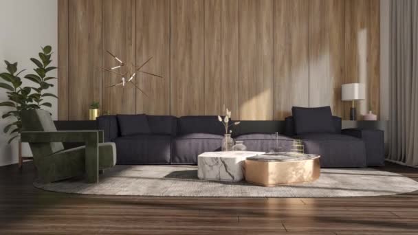 Ilustrace Vykreslování Záběry Velké Luxusní Moderní Světlé Interiéry Obývací Pokoj — Stock video