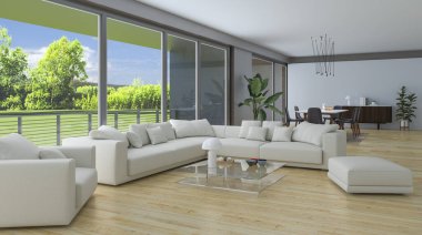 3D tasviri, büyük lüks, modern, parlak iç mekânlar sunuyor. Oturma odasındaki model bilgisayarlar dijital olarak oluşturuluyor.