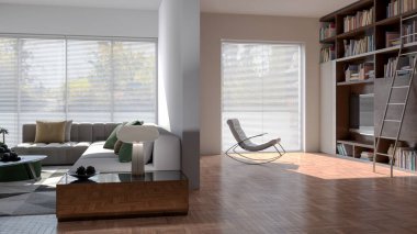 3D tasviri, büyük lüks, modern, parlak iç mekânlar sunuyor. Oturma odasındaki model bilgisayarlar dijital olarak oluşturuluyor.