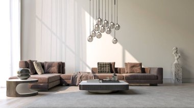 3D tasviri, büyük lüks, modern, parlak iç mekânlar sunuyor. Oturma odasındaki model bilgisayarlar dijital olarak oluşturuluyor.