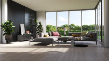 Görüntü 3D büyük lüks, modern, parlak iç mekânları dijital olarak oluşturulmuş oturma odası modelleme bilgisayarı.