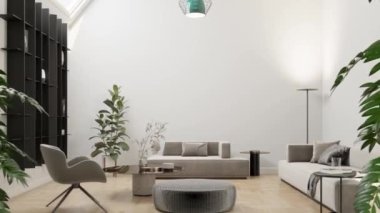 Görüntü 3D büyük lüks, modern, parlak iç mekânları dijital olarak oluşturulmuş oturma odası modelleme bilgisayarı.