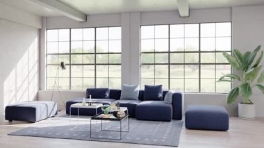 Görüntü 3D büyük lüks, modern, parlak iç mekânları dijital olarak oluşturulmuş oturma odası modelleme bilgisayarı.