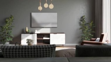 Görüntü 3D büyük lüks, modern, parlak iç mekânları dijital olarak oluşturulmuş oturma odası modelleme bilgisayarı.