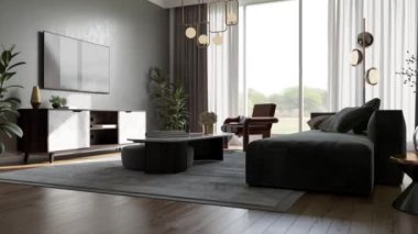 Görüntü 3D büyük lüks, modern, parlak iç mekânları dijital olarak oluşturulmuş oturma odası modelleme bilgisayarı.