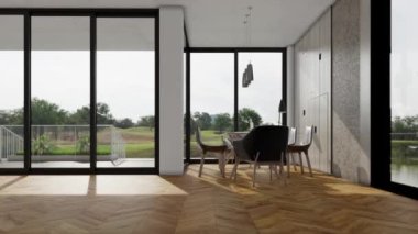 Görüntü 3D büyük lüks, modern, parlak iç mekânları dijital olarak oluşturulmuş oturma odası modelleme bilgisayarı.