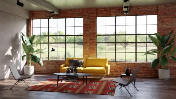 Footage Illustration Rendering Large Luxury Modern Bright Interiors Living Room — Stock Video